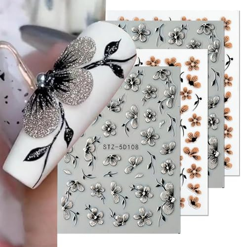 Yeomju 4 Stück Glitzerblumen Nagelsticker, 5D Schwarzhelblaue Blumen Aufkleber für Nägel, Florale Nageldekoration