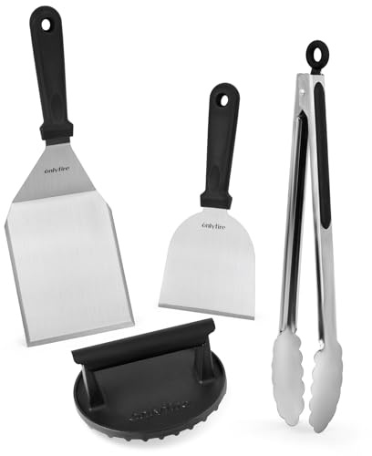 onlyfire Kits de Utensilios Profesionales para Barbacoas, Smash Burger de Hierro Fundido, Espátula para Plancha, Raspadora y Pinzas de Cocina, Kit Barbacoa para Asar y Cocinar Al Aire Libre