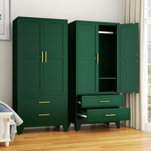 GAIOUS 71 Metal Wardrobe Cabinet with 2 Doors, 1 Adjustable Shelf and 2 Drawers, Metal Clothing Storage Cabinets with Hanging Rod, Armoire Wardrobe Closet for Bedroom, Cloak Room, Gym (Green)