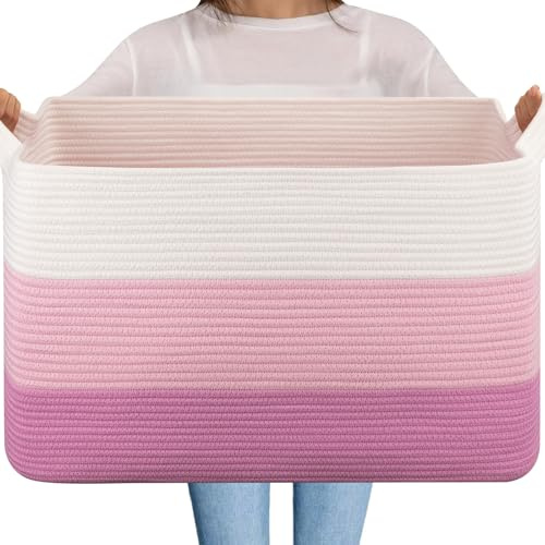 OIAHOMY Extra Large Blanket Basket, 95L Cotton Rope Woven Laundry Basket, Toy Bin for Baby Room, Container for Blanket Storage in Living Room, 24''×17''×14'', Gradient Pink