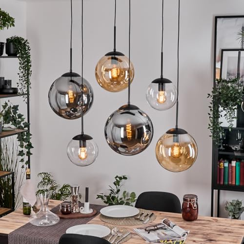 HOFSTEIN Hängeleuchte Gastor, 6-flammige Hängelampe aus Metall/Glas in Schwarz/Bernstein/Rauch/Klar, Retro/Vintage-Design (Ø 20; 25; 30cm), E27, Pendelleuchte max. 136cm, Esszimmer, Wohnzimmer, Küche