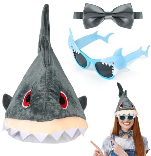 3PCS Sombreros Divertidos de Tiburón Gafas Tiburón y Pajarita - Accesorios Disfraz Pez Disfraz Tiburon Adultos Niños - Sombreros Fiesta Gorros Graciosos para Fiestas de Carnaval Halloween Cosplay