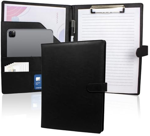 Cartellina Portadocumenti A4 Pelle - Portablocco Con Pinza - Cartella Documenti Viaggio, Cartella Organizer Personale Agend, Ufficio Conferenza, Regalo Uomo Donna (Nero)