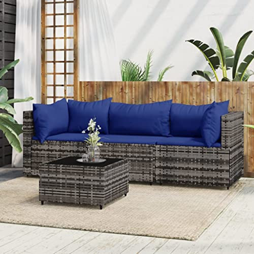 CINDERFUL 4-TLG. Garten-Lounge-Set mit Kissen Grau Poly Rattan,Wetterbeständiges Gartensofa | Modulares LoungeSet in Grau mit dunkelblauen Kissen für deinen Garten Terrassen Sitzmöbel