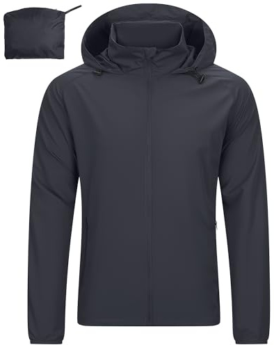 33,000ft Mens Lightweight Jackets Water Resistant Windproof Packaway Coat | Stowable Hood Windbreaker Jacket, Breathable Rain Coats, Light Waterproof Hiking Jacket for Running Cycling Golf