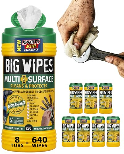 Big Wipes Multi-Surface Cleaning Wipes, 8 Tubs x640 | Absorbent Surface & Hand Wipes, 4 Power Solvents & 4 Skin Conditioners, Industrial Cleaning Products, Heavy Duty Hand Cleaner