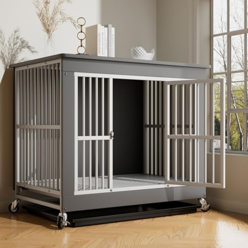Moderne Hundehütte für den Innenbereich, Hundehütte im Möbelstil mit Rädern, dekorativer 2-in-1-Hundekäfig aus Eisen-Holz-Fusion(Gray,Small)