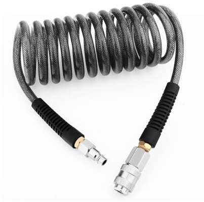 GASHER 1/4 x 3m Polyurethan Rückspul-Luftschlauch 6mm Außendurchmesser mit Biegedrossel, 1/4 Europa Schnellkupplung und Stecker, für Luftkompressor, schwarz GO