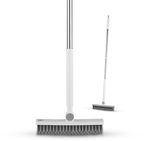 Swan Elevate Angled Floor Scrubbing Brush with Squeegee, 180° Pivoting Head, Posture-Positive Handle, 5-Layer Stiff Bristles for Deep Cleaning Bathroom, Patio & Tiles, White SWFC2007WHTN