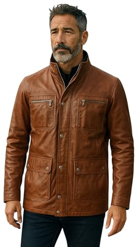 Men’s Tan Genuine Lamb Leather Military Safari Parker Jacket Windproof Outwear Trench coat