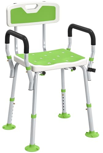 HOMCOM EVA Padded Shower Chair for the Elderly and Disabled, Height Adjustable Shower Stool with Back and Arms, 4 Suction Foot Pads, Green