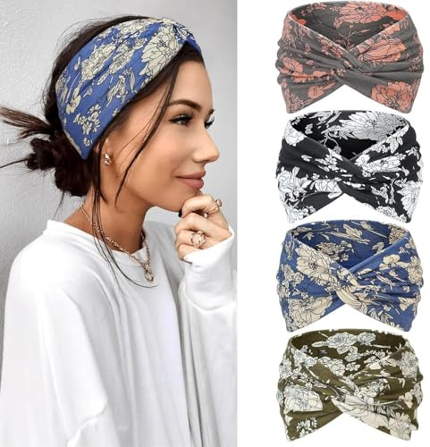 Kavya Pannband för Kvinnor, 4-Pack, Brett Elastiskt Boho Knuttat Hårband, Vintage Tie Dye Mönster, Sport Yoga Smink Spa Mode (Svart, grön, blå, rosa)