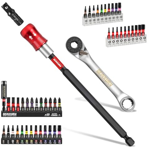 GEINXURN Juego de llaves de carraca 2 en 1 de doble extremo con 72 dientes, 45 piezas, 25 mm, acero S2 magnético (Phillips/Pozidriv/Torx/Hex) y soporte de puntas de impacto para coche, bicicleta