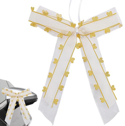 PUYUKO 60 Lazos para Coche de Boda de Tul y Satén con Corazones, 25 x 12 cm | PUYUKO Lazos Decorativos para Retrovisores, Antenas, Puertas y Sillas, Decoración para Bodas, Fiestas y Regalos, Amarillo