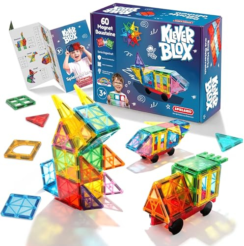 Spielario Kleverblox 60 Stück Magnetische Bausteine für Kinder ab 3 Jahren | Magnetische Fliesen und Magnetbausteine haften sicher. Montessori Spielzeug fördert Kreativität und räumliches Denken.