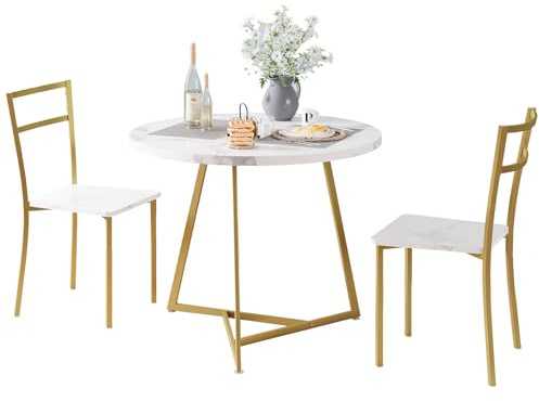 GarveeMore Juego de Mesa Redonda y 2 Sillas para 2 Personas, Tablero de Efecto Mármol Blanco, Marco de Metal Dorado, Estilo Moderno Elegante, para Cocina, Comedor y Pequeños Espacios