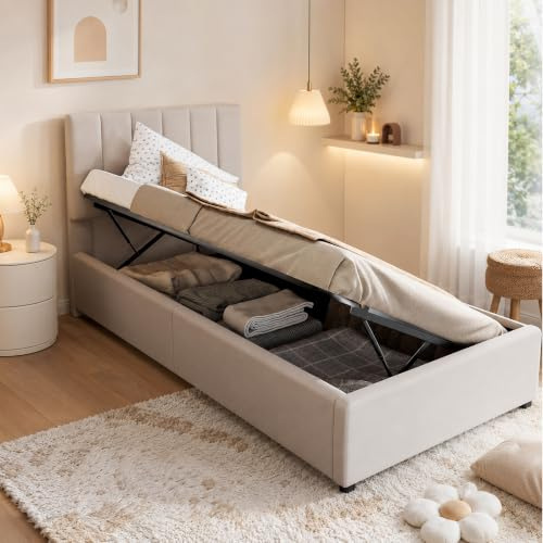 DULRLLY Polsterbett Kinderbett 90x200 Einzelbetten mit Hydraulisches Stauraum Bettrahmen und Verstellbares Kopfteil, Jugendbett Stauraumbett mit Lattenrost für Kinder und Jugendliche, Beige