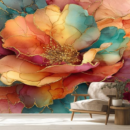 Blumen Tapete Mit Marbmor Orange Grün Farbverläufe Muster Fototapete Vliestapete Innen Wohnzimmer Küche Schlafzimmer, Blumen Wand Decor Poster Tapeten, 250x175 cm