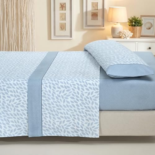 Sábanas 135x190 - Juego de Sábanas 3 Piezas - Algodón y Poliéster - Sábana Bajera Ajustable hasta 30 cm, Encimera y Funda Almohada - Ropa de Cama Estampada Suave y Transpirable (Darana Azul)