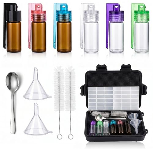 REVEMCN Mini Gewürzbehälter mit Löffel, Reise Gewürzset für unterwegs, auslaufsichere Salzstreuer und Gewürzstreuer mit Mini Trichter, Pulver Dosierer, Bürsten und Box für Camping, Picknick, BBQ, Wohn