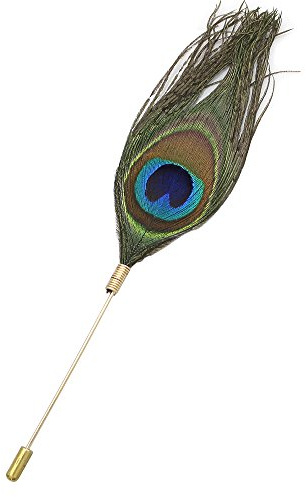 Q&Q Fashion Fab Faux Peacock Feather Plume Boutonniere Golden Color Lapel Brooch Tie Hat Scarf Stick Pin