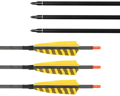 Huntingdoor 6Pcs Archery Hunting Arrows 31 Carbon Fiber Target Arrows 400 Spine with 4 True Feathers Replaceable Broadhead Nock Rotatable for Practice Recurve Bow Compound Bow Longbow Arrows(Yellow)