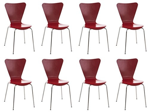 CLP 8X Konferenzstuhl Calisto Mit Holzsitz Und Stabilem Metallgestell I 8X Platzsparender Stapelstuhl, Farbe:rot