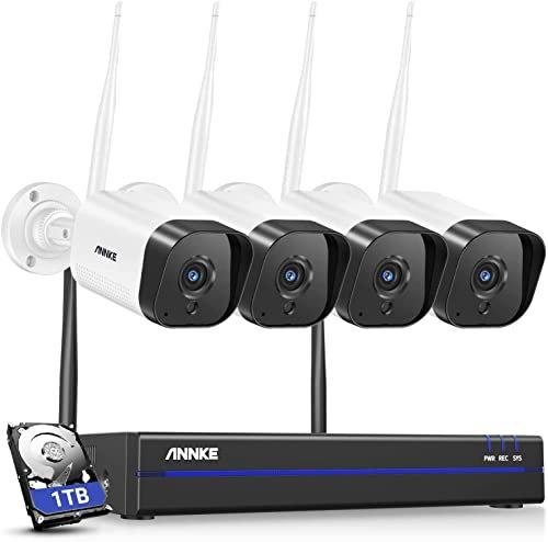 ANNKE Kit Videosorveglianza WiFi 3MP, NVR 10CH 5MP e 4 Telecamere Wireless con disco rigido da 1TB, Supporta Visione Notturna IR, Audio a 2 Vie, Rilevamento di Persone/Veicoli,Compatibile con Alexa