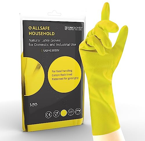 Unigloves Allsafe UGHG3003Y - Guantes de látex natural para el hogar, color amarillo, mediano, paquete de 2