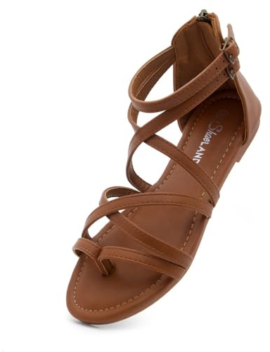 Shoe Land Gladiator Sandals for Women – Strappy Flat Sandals with Ankle Strap & Back Zipper | Fisherman Thong Strappy Style for Walking, & Daily Wear | Trendy 2025 Summer, Tan, Size 8.0, SL-Monaco