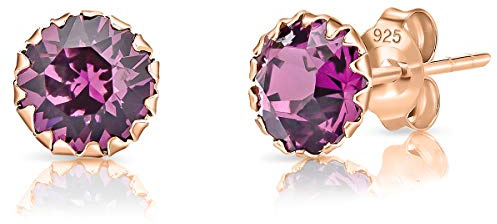 Pendientes Mujer Plata de Ley 925 Chapados Oro Rosa 18K con Brillantes de Cristal Amatista 6 mm - Pendientes de Botón Oro Rosa