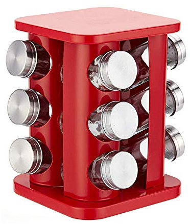 TurboEU Carrousel à épices pour 12 Pots à épices, présentoir à épices en INOX Finition cuivrée-chromée, étagère à épices, Porte-épices, Rangement Autonome pour la Cuisine, 10,5 x 21 cm (Rouge)