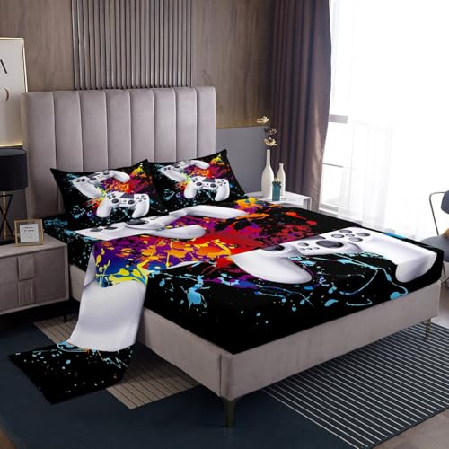Juego de sábanas con estampado de gamepad de acuarela, juego de ropa de cama, 4 sábanas, incluye 1 sábana y 1 sábana bajera con 2 fundas de almohada para cama tamaño king