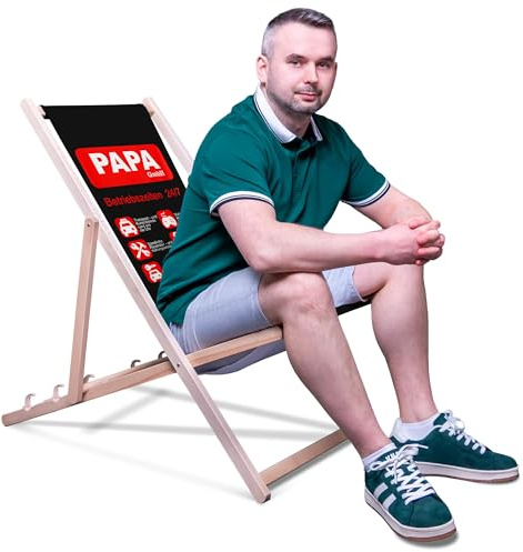 DreamRoots Vatertagsgeschenk Liegestuhl Holz klappbar, mit Spruch | Vatertagsgeschenk, Klappliegestuhl Holz Buchenholz, bis 130 kg, verstellbar, waschbarer Bezug, für Garten & Terrasse