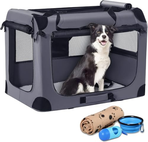 Petprsco Tragbare Hundebox, zusammenklappbare Hunde-Reisebox, 81 x 58 x 58cm, mit weicher Decke, Faltbarer Schüssel und einem Kotbeutel mit Spender für mittelgroße und große Hunde