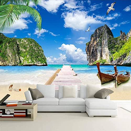 Papier Peint Photo 3D Mural Autocollant Ciel Bleu Nuages ​​​​Blancs Pont En Bois Bateau Plage Paysage Marin Mur Photo Art Affiche Murale Autocollants Muraux Décoratifs Peler Et Coller 350(L)x256(H)cm