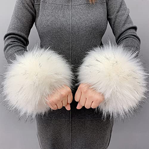 Herbests Damen Pulswärmer,Fell Pelz Kunstfell Fellstulpen Warmers Handgelenk Handschuhe Plüsch Weiche Winter Arm Wärmer Manschette Wrist Band Ring Cuffs Flauschig Plüschmanschetten für Frauen,Weiß #2