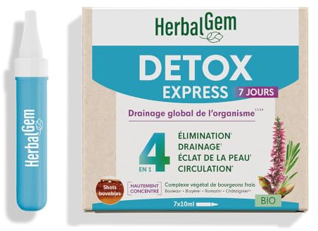 HerbalGem Detox Express Bio Cure 7 Jours 7 x 10 ml | Bouleau, romarin, orme, châtaignier et bruyère pour purifier l'organisme en profondeur.