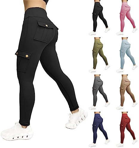 HOOUDO Cargo Leggings for Women with 4 Pockets High Waisted Stretchy Yoga Pants Solid Slim-Fit Ladies Activewear Butt Lift Tummy Control Running Tight Trousers 2023 New