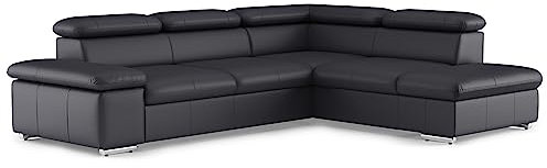 CAVADORE Leder-Ecksofa Valerie mit Ottomane / Eckcouch mit Kopfteilverstellung + Metallfüßen / 272 x 73 x 226 / Echtleder Schwarz