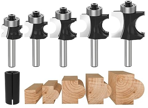 1/4-Inch Shank Bull Nose Router Bit Round Bearing Milling Cutter Bits Carbide Tipped Round Edge Cutting Ball Blade - 1/4,3/8,1/2,5/8,3/4 5PCS