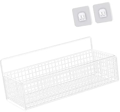 Sharplace Panier de Rangement d'armoire, Organisateur Mural Suspendu, Panier en Fil d'acier Robuste pour Fruits et légumes collations, Salle de Bain, Maison, Blanc L avec Autocollant