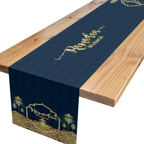 Ramadan Mubarak Tischläufer,Blau Gold Ramadan Tischdecken Tischdekoration Ramadan Mubarak Deko für Muslim Islamisch Zuhause Esszimmer Party Dekoration 180 x 35cm