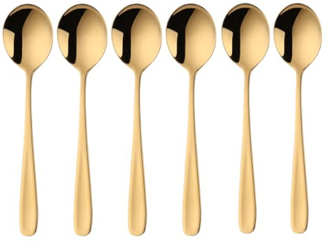 SBOMHS Esslöffel Müslilöffel 18/10 Edelstahl Suppenlöffel 6-stück Menülöffel länge 17,5CM Breit 4,5CM Tafellöffel Suppentassenlöffel für Porridge Dessertlöffel Soup Spoons (Gold)