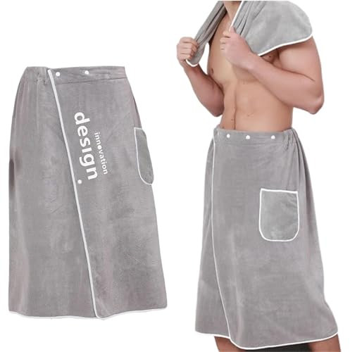 ZHYUAN Saunakilt Herren Frottee Mit Knöpfen Und Aufgesetzter Tasche - Saunahandtuch für Den Mann Mit Druckknopf (Grau)