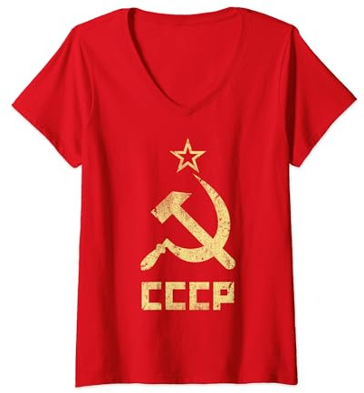 Mujer Disfraz comunista de Halloween URSS Vintage martillo hoz rojo Camiseta Cuello V