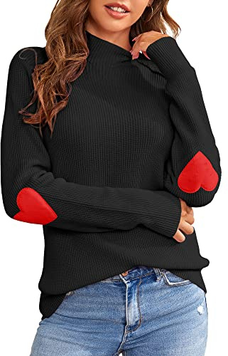 Saodimallsu Jersey de punto para mujer, con forma de corazón, informal, cuello alto, otoño, invierno, jersey de punto grueso, Negro , M