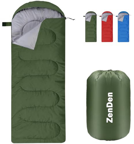 ZenDen Umschlagschlafsack mit kuscheliger Kapuze, für Einzelpersonen, 3–4 Jahreszeiten, extra warm, doppelt gesteppt, 850 g, isolierte Füllung, wasserabweisend, leicht, mit kompakter Tasche für