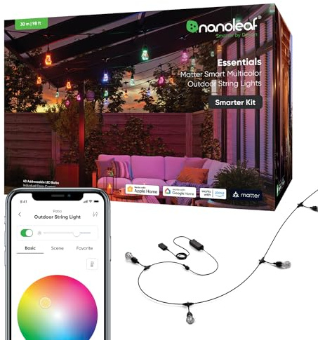 Nanoleaf Matter Essentials, Guirnalda Luces Exterior Starter Kit 30M LED RGBICW - Luces Led 16M Colores, IP65 Impermeable, 40 bombilla inteligente LED, WiFi Bluetooth Matter, para Jardin Terraza