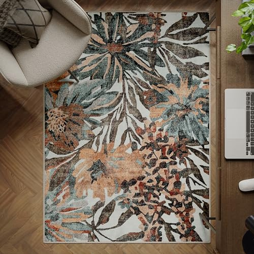 artyrugs Machine Washable Rug, 122x170cm, 75% Recycled Cotton, Short Pile, Non-Slip Backing, Non-Shedding, Suitable for Bedroom, Kitchen, Hallway, Office, Midsize, Dark Khaki & Peach